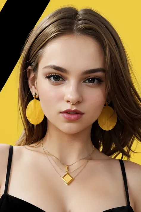 , simple Fun Yellow background, upper body, at front, portrait, <lora:GoodHands-vanilla:0.8> better_oppai, graphic eyeliner, earrings, necklace, velvet lipstick <lora:Wendy:.7>