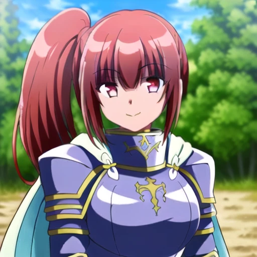 chastille lillqvist, red hair, long hair, red eyes, 1girl, solo, armor, side ponytail, looking at viewer, upper body, smile, breastplate, cape, shoulder armor, outdoors, closed mouth, gauntlets