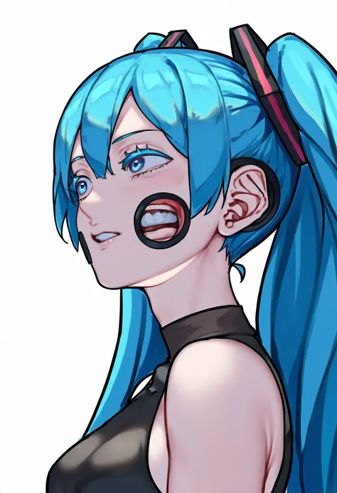 masterpiece, best, great, uncensored
1girl, solo, black cheek hole, blue eyes, blue hair, hatsune miku, twintails, upper body, breasts, black dress, from side