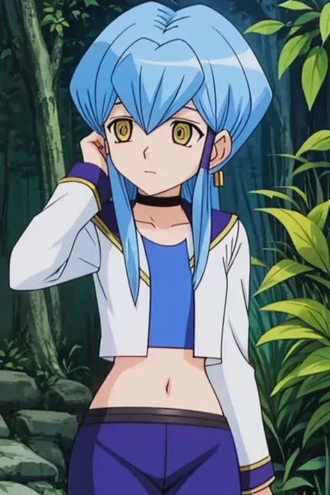 2010s (style), year 2010, anime_art_style, cartoon,masterpiece,high quality,cardfight!! vanguard, sharlene chen, 1girl, solo, blue hair, yellow eyes, choker, ringed eyes,blue shirt,white jacket, blue pants, shorts, midriff, long hair, crop top, hair tubes,...