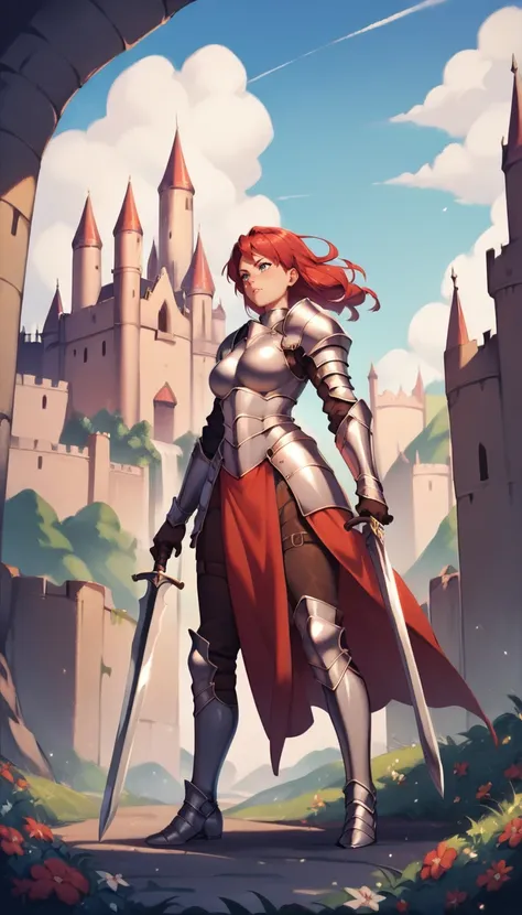 score_9, score_8_up, score_7_up, score_6_up, score_5_up, source_anime,  1girl, solo,  red hair, grey eyes, full metal armor, female knight, standing, holding sword, holding, outdoors, sky, sunny, castle in the background, <lora:MarkformStyleV1_PonyXL:0.8>