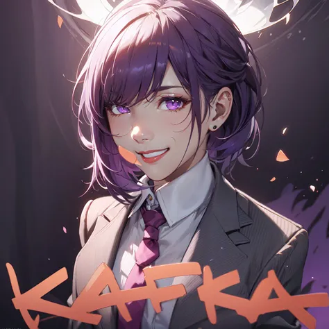 kafka (honkai: star rail), 1girl, solo, smile, necktie, looking at viewer, suit, formal, collared shirt, upper body, shirt, jacket, purple hair, short hair, purple eyes, asian, character name, red lips, <lora:c556b85b-f346-4fc5-a408-72dd33fc580b:0.7>