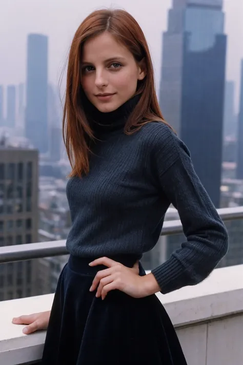 photo of Alyss4Fl4m3s_HM-140, a woman, perfect hair, (modern photo), wearing turtleneck sweater and maxi skirt, 20mm short telephoto (analog, cinematic, film grain:1.3), Future Metropolis, Sprawling cityscape of towering skyscrapers, advanced transport, an...