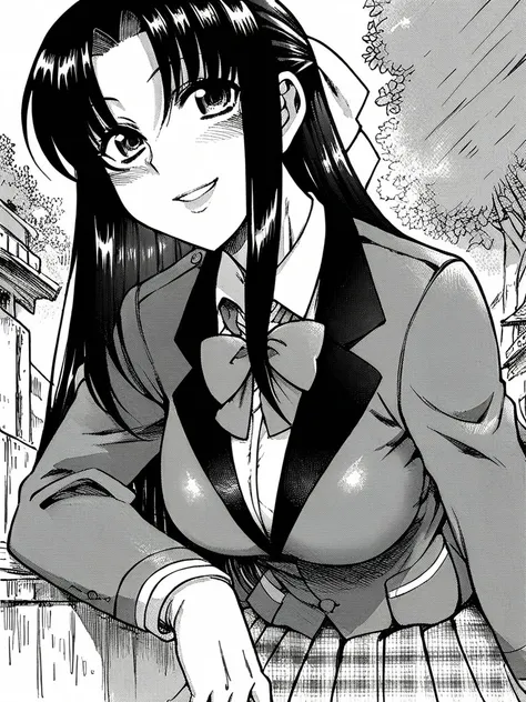 score_9, score_8_up, score_7_up, 
1girl, chigusa nana, long hair, black hair, parted bangs, hair bow, manga, monochrome,

blazer, school uniform, bowtie, skirt, smile, looking at viewer, large breasts,
