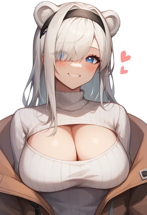 score_9,score_8_up,score_7_up,<lora:open-chest_sweater:1>,1girl, alternate_costume, aurora_(arknights), bear_ears, black_headband, blue_eyes, blush, cleavage, commentary, hair_over_one_eye, heart, highres, large_breasts, long_hair, looking_at_viewer, open-...