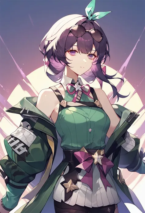 score_9, score_8, score_7, kafka (honkai: star rail), socks, purple eyes, upper body, bare shoulders, shoes, ribbon, green jacket, boots, sunglasses, open clothes