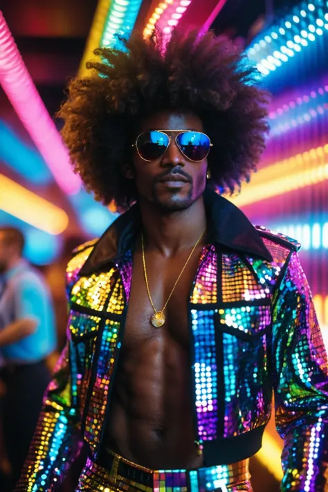 1 man, full body shot, disco, (80s, retro:1.1), dance floor, lasers, rainbow theme, a dancer man, 30 years old, sunglasses, big afro, (manly, wide jaw:1.2), dark skin, sparkly jacket, golden shirt, (vibrant colors:0.9), film grain, bokeh, fashion magazine,...