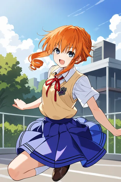 score_9, score_8_up, score_7_up, source_anime BREAK 1girl, solo, date_kaguya, school uniform, sweater vest, short sleeves, red neck ribbon, blue skirt, orange hair, bangs, drill hair sidelocks, short hair, blue eyes, looking at you, smile, open mouth, sky,...