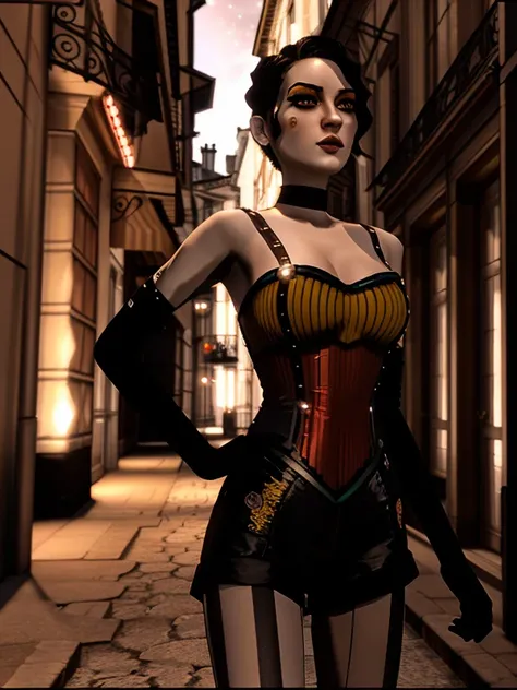 cntrst, cntrstDawn, tall slender woman, wearing a red and yellow corset with black straps, black choker, black long gloves, black and white striped leggings stockings, dark shorts over it, detailed drawn face, makeup, white skin, dramatic makeup with yello...