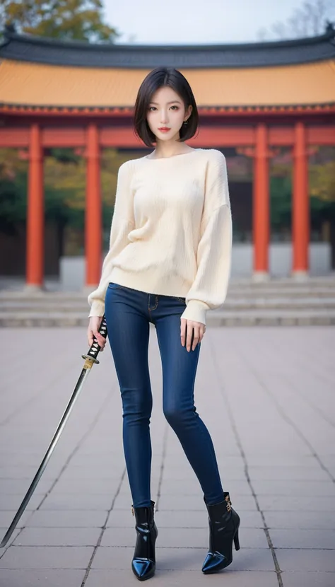 arafed asian woman in a white sweater and blue jeans holding a sword