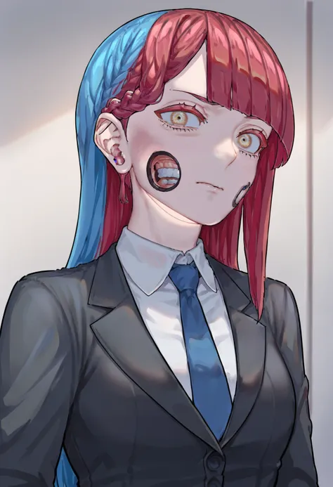 score_7_up, uncensored
1girl, solo focus, metal cheek hole, blue eyes, blue hair, makima, red hair, yellow eyes, office suit, closed mouth

source_anime