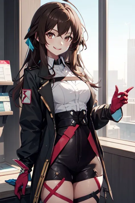 kafka (honkai: star rail), 1girl, solo, looking at viewer, smile, brown hair, gloves, jacket, shirt, long sleeves, long hair, <lora:c556b85b-f346-4fc5-a408-72dd33fc580b:0.7>