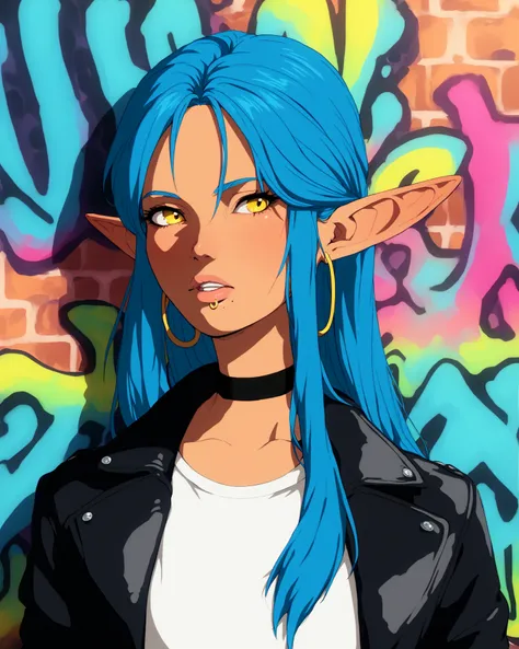 score_9,score_8_up, score_7_up, elf woman with blue hair, upper body, choker, black leather jacket, white t-shirt, hoop earrings, lip ring, long hair, yellow eyes, graffiti wall <lora:RiboruPony:1>