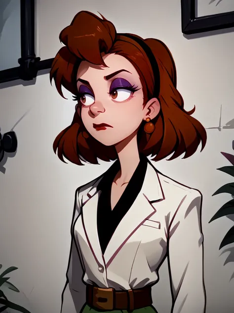 1girl, solo, brown hair, earrings, headband, makeup, white suit, black cuffs, waist belt, closed mouth,  <lora:Ronnies_Assistant_-_Hey_Arnold_1998-10:1>, source_cartoon, score_9, score_8_up, score_7_up,