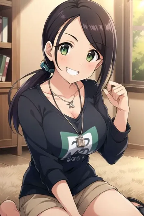 (masterpiece),yamato aki, green eyes, black hair, long hair, 1girl, smile, solo, jewelry, ponytail, grin, looking at viewer, necklace, dog tags, shirt