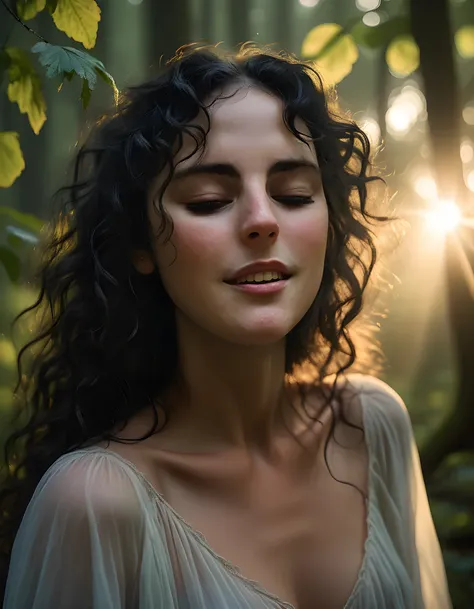 In a surreal, ethereal tableau set against the backdrop of a verdant, misty forest at twilight, L1VH4RP3R, a captivating woman with cascading waves of raven-black hair that fall in loose curls down to her waist and contrasting locks of rich, chestnut brown...