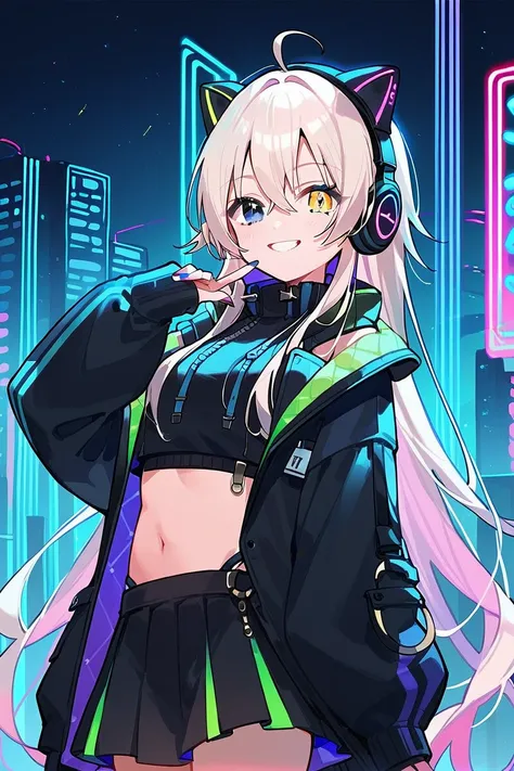 score_9, score_8_up, score_7_up, score_6_up, 1girl,
 <lora:Ichihoshi_Lumina:0.8> lumina, long hair, heterochromia, ahoge, virtual youtuber, long jacket, black top, navel, smile, black skirt, cat headphones, neon lights,