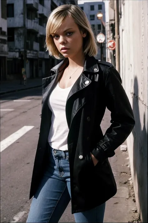 photo of Ell3nS41nt_HM-140, a woman, perfect hair, (modern photo), wearing trench coat, t-shirt, jeans, 50mm medium telephoto (analog, cinematic, film grain:1.3), Dystopian Slums, Gritty urban setting with rundown buildings, neon lights, scavengers, and su...