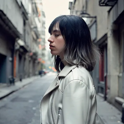 1girl, portrait, wolfcut, bangs, long layered hair, pure white hair, from side, side profile,
(Wrapped in a sleek leather jacket, accentuated by silver studs and chains, emanating a fierce and edgy aura), (A dimly lit alleyway, with shadows lurking in the ...