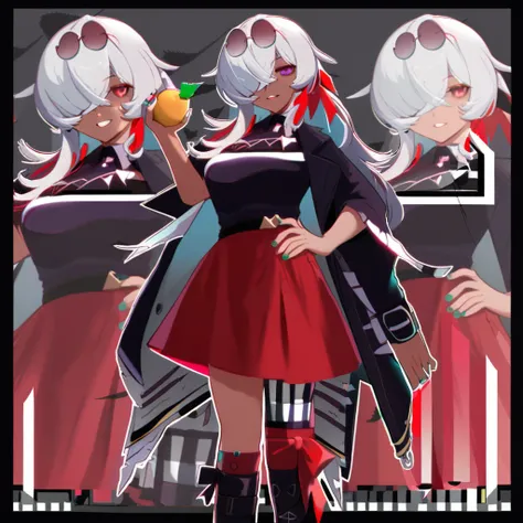 kafka (honkai: star rail), coat, smile, purple eyes, kneehighs, belt, red hair, red skirt, feet, :q, crossed bangs, zoom layer, boots, grin, bird on head, dress, prison clothes, parted lips, nail polish, hand on hip, striped pants, grey hair, dark skin, bo...