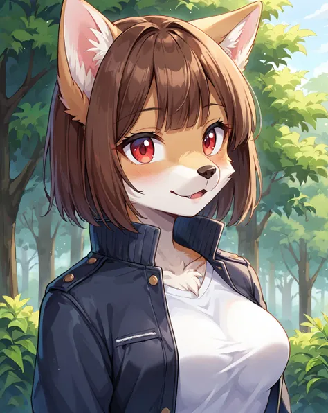 score 9, score 8 up, 1girl, masterpiece, upper body,, medium short hair, brown hair, red eyes, medium breasts, blunt bangs, jacket, shirt, outdoors, dog anthro, furry