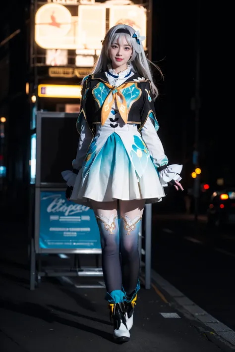 best quality,masterpiece,realistic,photorealistic,1girl,solo,smile,looking at viewer,standing,full body,arms at side,firefly cosplay costume,cosplay,long hair,white hair,dress,cropped jacket,capelet,shirt,skirt,long sleeves,frilled sleeves,bow,neckerchief,...