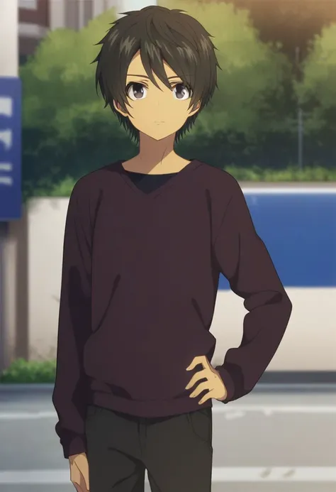 score_9, score_8_up, score_7_up, source_anime, highly detailed, 
tsumugu, 1boy, male focus, solo, hand on hip, pants, looking at viewer, sweater, dark skin, long sleeves, black eyes, dark brown hair,upper body,
outdoor,