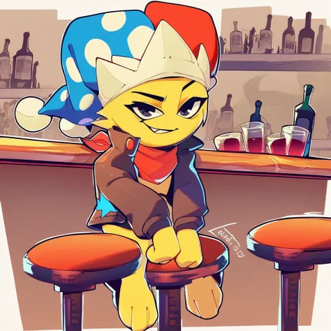 score_9, score_8_up, score_7_up, score_6_up, score_5_up, score_4_up, source_cartoon, source_furry, spark, jester cap, bandana, jacket, yellow fur, sitting down, bar stool, bar, looking at viewer, smirk, mouth closed, top down view, three quarters view, win...