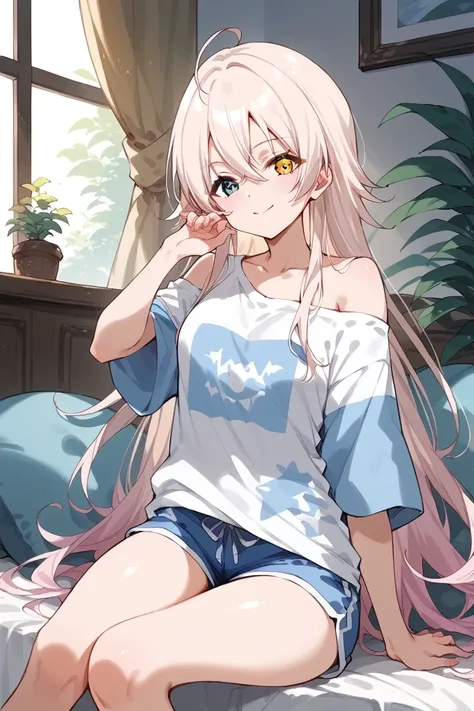 score_9, score_8_up, score_7_up, score_6_up, 1girl,
 <lora:Ichihoshi_Lumina:0.8> lumina, long hair, heterochromia, ahoge, white t-shirt, bare shoulder, blue pajama shorts, sit,