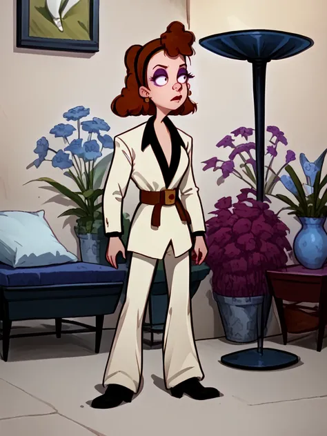 <lora:Ronnies_Assistant_-_Hey_Arnold_1998-10:1.35>, 1girl, solo, brown hair, earrings, headband, makeup, white suit, black cuffs, waist belt, closed mouth,  full body,, source_cartoon, score_9, score_8_up, score_7_up,