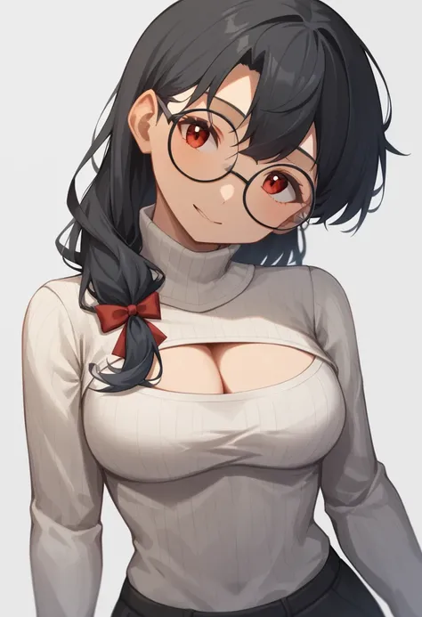 score_9,score_8_up,score_7_up,<lora:open-chest_sweater:1>,1girl, alternate_costume, black-framed_eyewear, black_hair, choukai_(kancolle), cleavage, commentary_request, long_hair, long_sleeves, medium_breasts, one-hour_drawing_challenge, open-chest_sweater,...