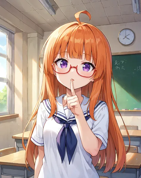 score 9, score 8 up, 1girl, masterpiece, upper body, long orange hair, (ahoge:0.9), glasses, blunt bangs, purple eyes, small breasts, school uniform, indoors, classroom,