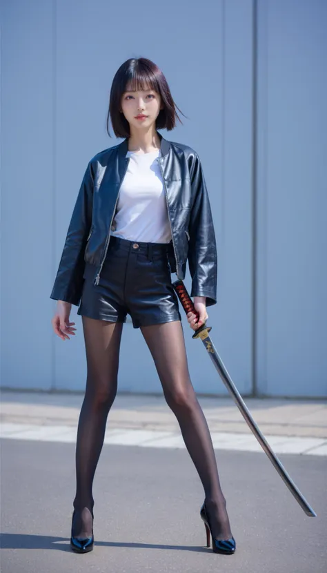 woman in black leather jacket holding a sword and wearing high heels