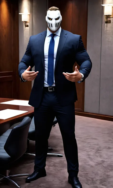 a man standing in a boardroom,white mask, ricktaylorsdxl, business suit, <lora:ricktaylorsdxl:0.9>, best quality, masterpiece, glowing eyes, highly detailed