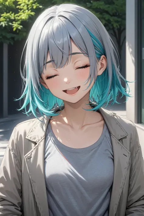 1girl, solo, aqua hair, breasts, closed eyes, collarbone, eyebrows hidden by hair, grey hair, grey jacket, grey shirt, jacket, long bangs, medium hair, multicolored hair, open clothes, open jacket, open mouth, shirt, sidelocks, small breasts, smile, streak...