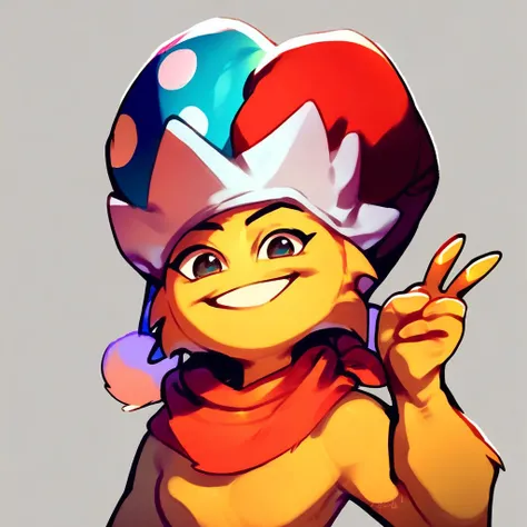 score_9, score_8_up, score_7_up, score_6_up, score_5_up, score_4_up, source_cartoon, source_furry, spark, jester cap, bandana, yellow fur, v, peace sign, looking at viewer, smiling, half body