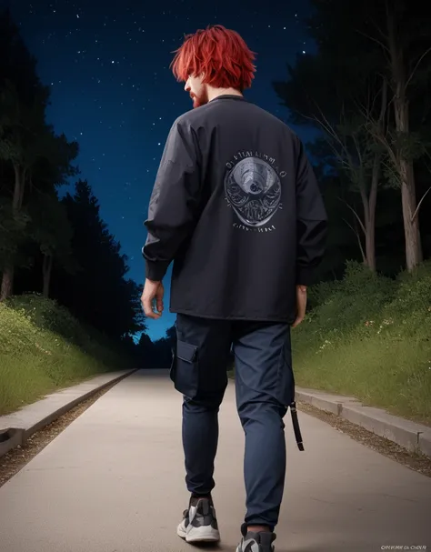 zPDXL2, <lora:TechwearV2:1>, t3chwear, 
1boy, detailed eyes, beard, short red hair, walking on a forest path at night, night sky, viewed from behind