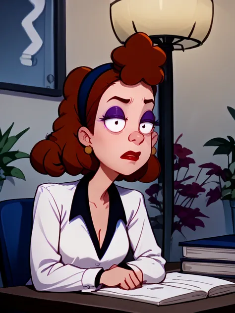 <lora:Ronnies_Assistant_-_Hey_Arnold_1998-10:1.25>, 1girl, solo, brown hair, earrings, headband, makeup,  facing viewer, in office, night time, desk lamp, irritated,, source_cartoon, score_9, score_8_up, score_7_up,