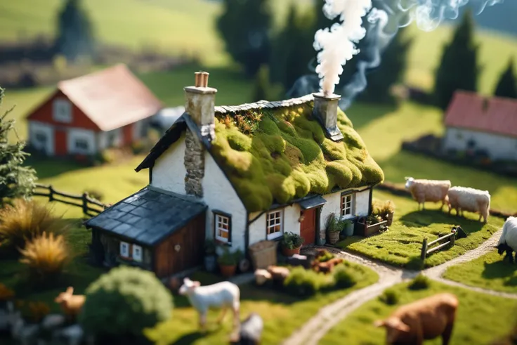 ((Tilt Shift style)), overhead view from a distance,  moss-covered farm house, miniature chimney, smoke wisps, little farmers field with livestock, whimsical fantasy, detailed, sunlight filtering through, hyperrealistic, soft focus, vibrant colors, soft ci...