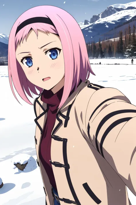 (best quality, masterpiece), selfie 1girl, solo, kazumi schlierenzauer, blue eyes, short hair, pink hair, hairband, brown winter coat, snowing, mountains in background, cold, <lora:kazumi-000008:0.8>