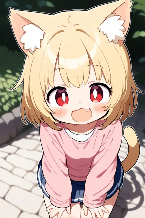 1girl,cat ear,tail, blonde, red eyes, skirt, outdoor,close up, age down, fang , :d