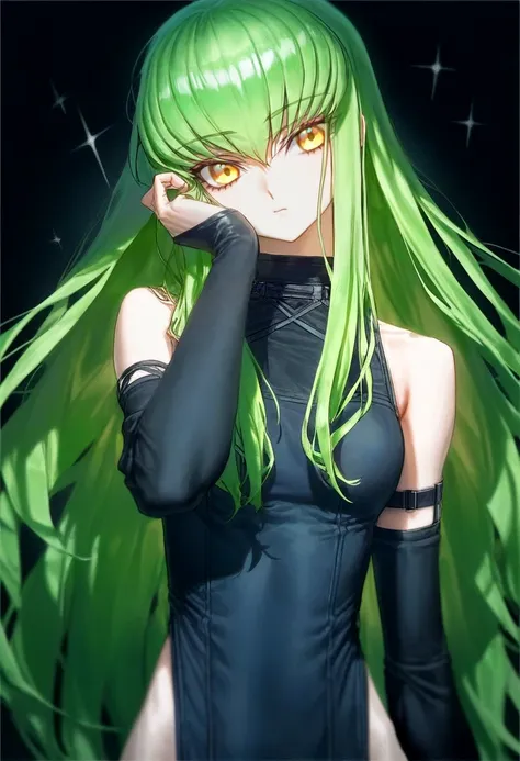 by quasarcake, by s16xue, BREAK
1girl, c.c., armpit crease, bare shoulders, black background, black sleeves, blurry, bokeh, covered mouth, depth of field, detached sleeves, dress, green hair, hair over mouth, hand in own hair, head tilt, long hair, long sl...