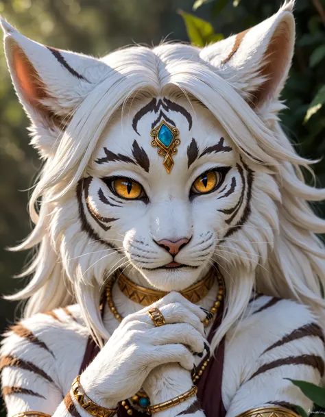 photo, Khajiit female, beautiful, white fur, humanlike face, tiger ears, cat eyes, shaman,gold, bracelets, ear rings, nose rings, award winning