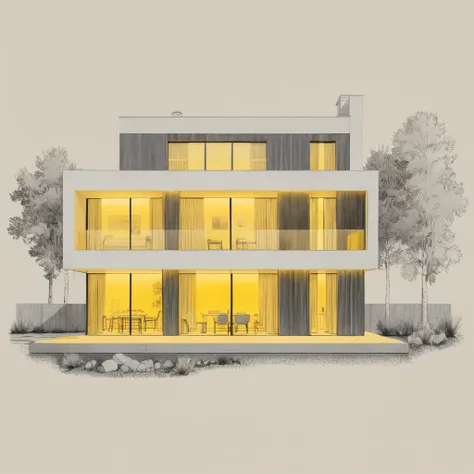 sketch of a very modern villa, design by ((David Chipperfield)) illuminated by warm yellow lights from some window, monochromatic with grey tones and soft yellow highlights, creating a subtle illumination effect