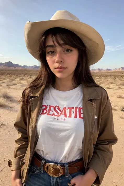 ((masterpiece)), best quality instagram photo of a girl, solo, cowgirl, in a desert, hat, brown jacket, white t-shirt, golden hour light <lora:angelarochistav1:0.6> angelarochistav1