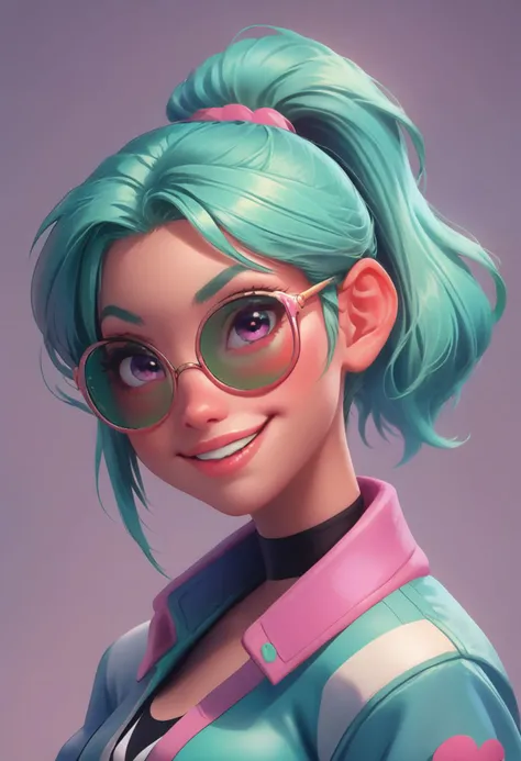 score_9, score_8_up, score_7_up, score_6_up, 18 years old, straight hair, ponytail, big smile, flirty grin, neon green hair, young face, pastel thick rimmed sunglasses, oversized varsity jacket, portrait, glossy lips, turning to face viewer, head tilt, 1 g...