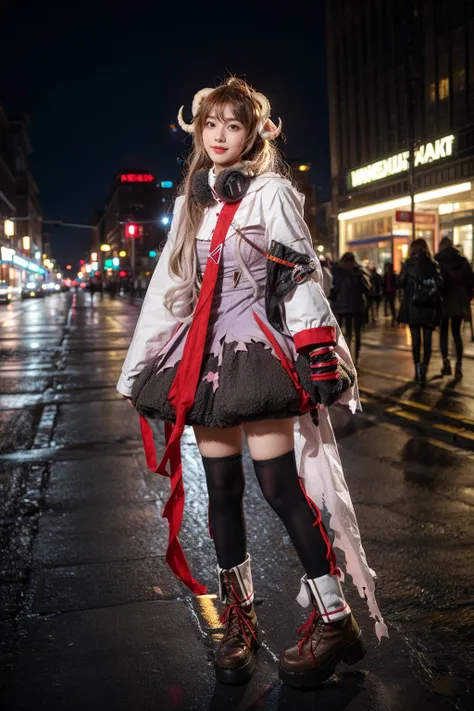 best quality,masterpiece,realistic,photorealistic,1girl,solo,smile,looking at viewer,standing,full body,eyjafjalla cosplay costume,eyjafjalla,arknights,cosplay,brown hair,long hair,animal ears,horns,sheep horns,dress,white cape,gloves,headphones around nec...