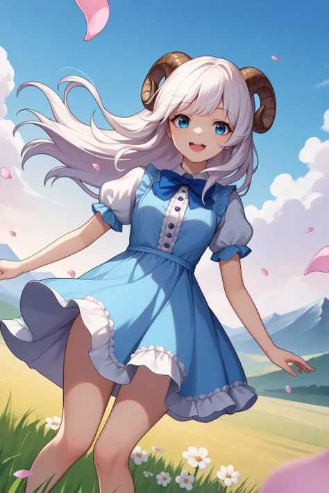 score_9, score_8_up, score_7_up, source_anime, dutch angle, cowboy shot, looking at viewer, smile, open mouth, sheep girl, sheep horns, long hair, white hair, blue eyes, neck tuft, bowtie, blue dress, frills, puffy short sleeves, outdoors, wind, petals, gr...