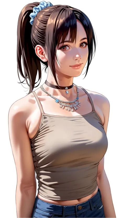 score_9,score_8_up,score_7_up,<lora:miiyamotoHikari:0.8>,
miiyamotohikari,
1girl,solo,black hair,bangs,ponytail,blue scrunchie,brown eyes,looking to the side,white camisole,jeans,tight clothing,choker,jewelry,skindentation,medium breasts,standing,upper bod...