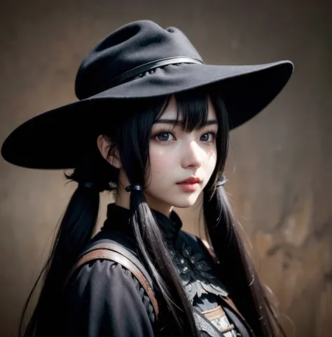 hunter (bloodborne),hat,long hair,black hair,
(cute half-asian girl),26yo,twintails,
(masterpiece, best quality),